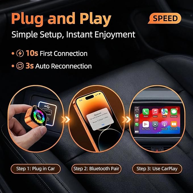 4-in-1 Wireless CarPlay Adapter with Screen Mirroring, Watch Netflix/YouTube in Car, Android Auto AirPlay Mirror Link, Plug & Play No App, Compatible with 800+ Cars iPhone Android
