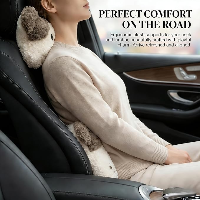 Car Seat Cushions Headrest and Lumbar Support Pillow Set Cute Bear Soft Plush Neck Cushion and Back Support for Long Driving Travel Comfort