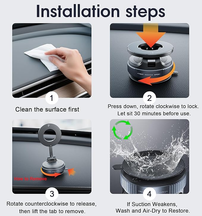 REOKILY 2026 Upgraded Suction Cup Phone Mount Nano Gel 360° Vacuum Magnetic Car Phone Holders for Your Car 110LBS Reinforced Mount for MagSafe Gym/Mirror for iPhone & Android