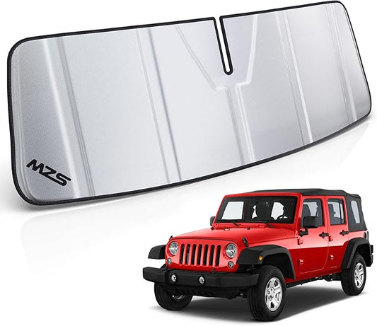 MZS Windshield Sun Shade Compatible with Wrangler JK JKU 2011-2018, Foldable Truck Sun Shade Shield with Storage Pouch, Front Window Visor Sunshade for Interior Protector