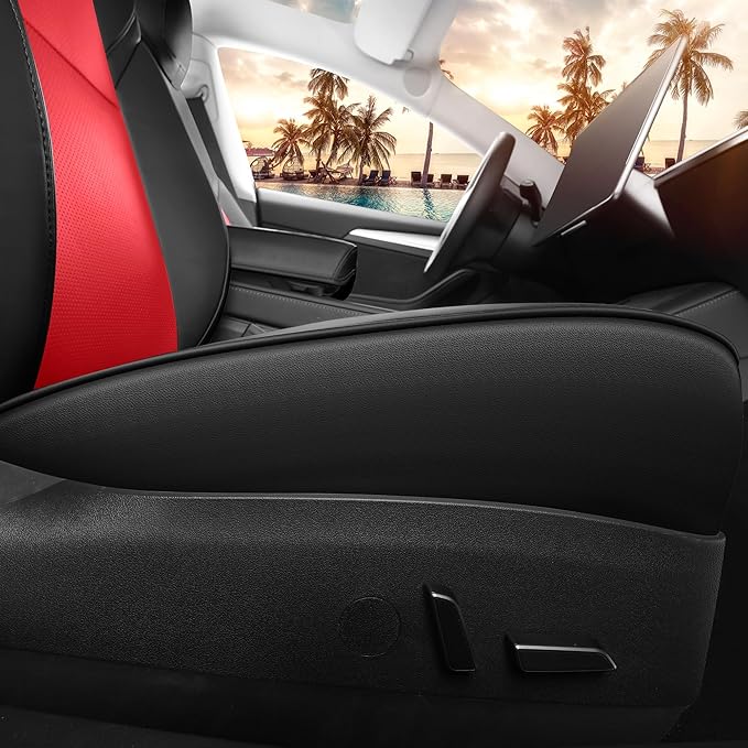 Seat Cover for Tesla Model 3 2017 2018 2019 2020 2021 2022 2023 Custom Fit Leather Car Interior Seat Cushion Cover Compatible Airbag Full Set (Red+Black-3)