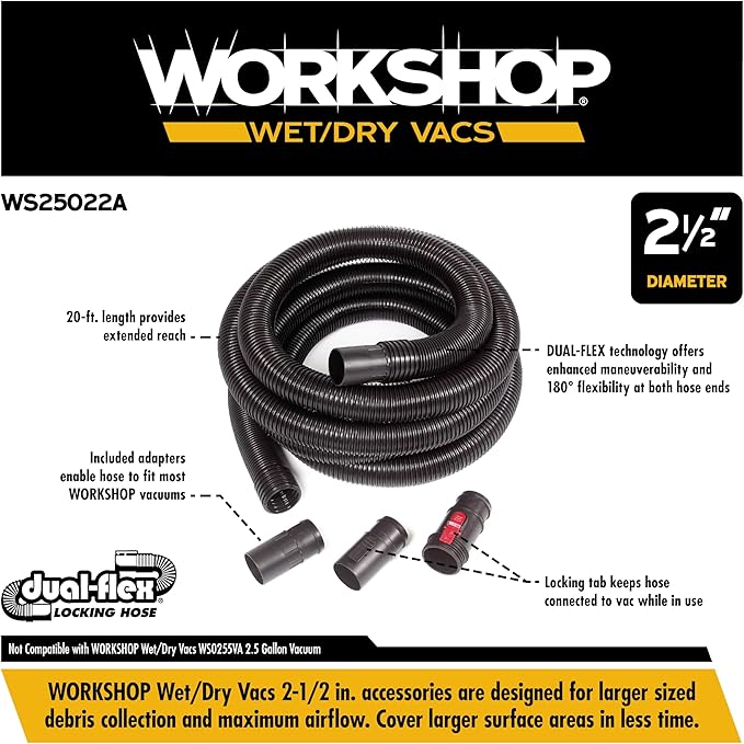 WORKSHOP Wet/Dry Vacs Shop Vacuum Accessories WS25022A Extra Long Hose Attachment, 2-1/2-inch x 20-feet Locking Hose for Wet Dry Shop Vacuum Cleaners