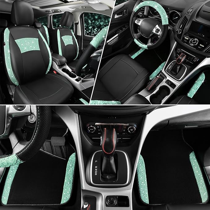 CAR PASS Universal Mint Leather Lace Car Seat Covers Full Set for Women Girls, Waterproof Car Floor Mats Carpet, Glitter Steering Wheel Cover for Car Accessories Interior Sets,10PCS Included