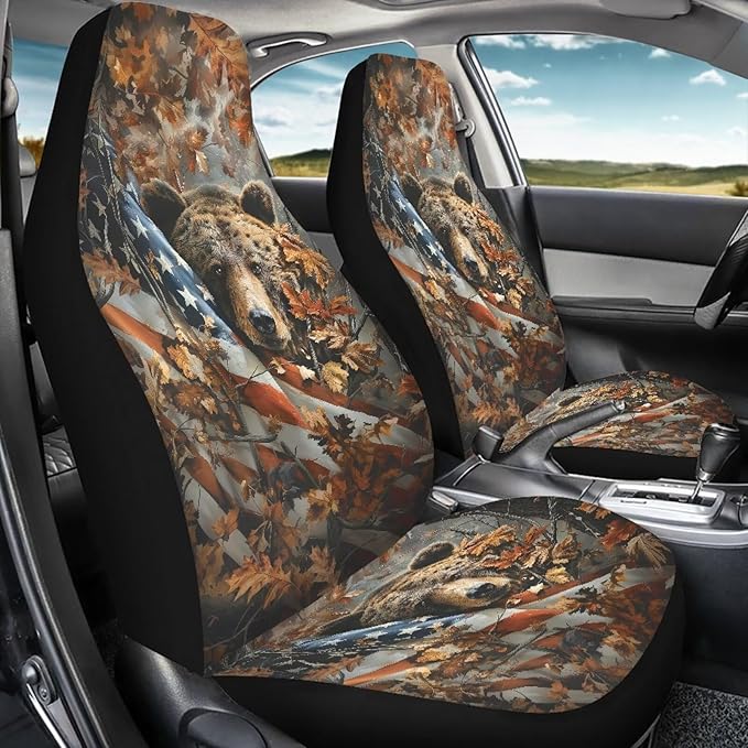 KEIAHUAN Car Seat Covers Front & Rear American Flag Brown Bear Automotive Bucket Seat Covers & Rear Split Bench Seat Cushion Pads Fit Most Cars, Trucks, SUV or Vans
