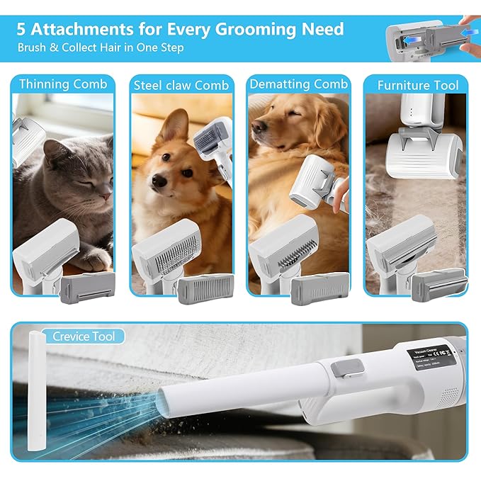Deshedding Brush with Vacuum Suction, 5-in-1 Pet Hair Removal Tool for Dogs Cats, Cordless Undercoat Rake Removes Loose Hair, 9Kpa Pet Vacuum Cleaner for Furniture Carpet, Washable