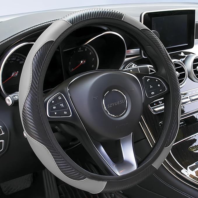 Car Steering Wheel Cover, 15 inch Microfiber Leather Carbon Fiber Soft Anti-Slip Breathable, Universal Size Elastic Car Accessory for Most Cars (Grey)