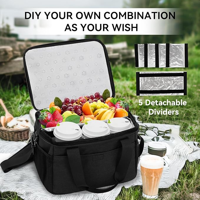 6 Cups Drink Carrier for Delivery, Reusable Cup Holder with Handle, Insulated Collapsible Drink Carrier, Adjustable Dividers, Shoulder Strap, Portable Cooler Tote Bag for Delivery, Travel, Car (Black)