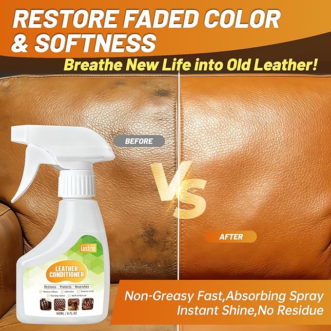 Leather Conditioner & Protector Spray - All-in-One Cleaner, Conditioner for Dry, Stiff Leather - Water Resistant Formula for Car Seats, Furniture, Bags, Boots & Jackets - 6oz (180ml)