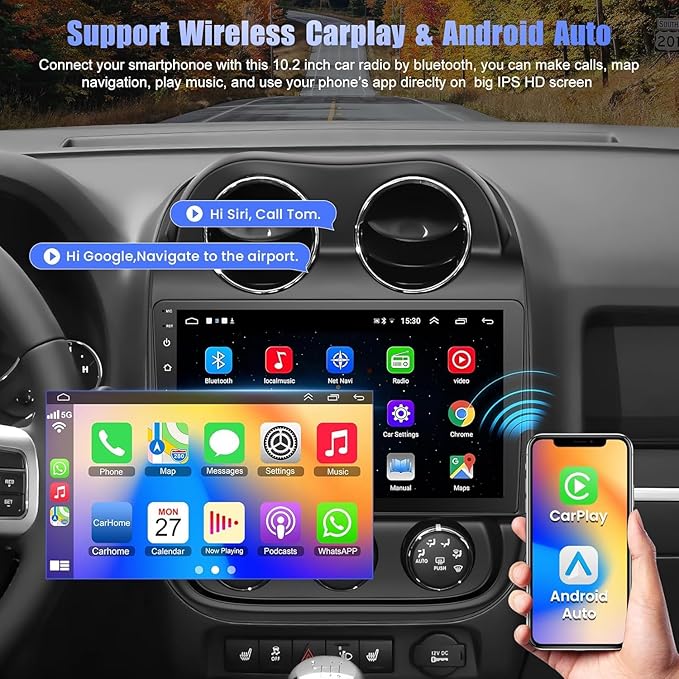 8 Core +64GB Car Radio for Jeep Compass Patriot 2010-2016,10.2 Inch QLED Touchscreen with Carplay&Android Auto,Support Bluetooth,Back-up Camera,FM Radio,SWC,GPS Navigation