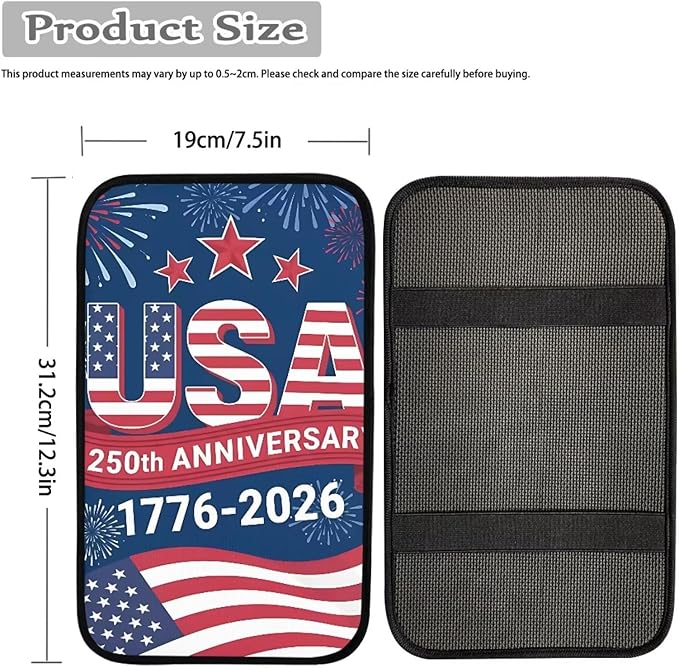 Dreaweet USA 250th Anniversary Center Console Cover 1776-2026 Flag Car Accessories Armrest Box Storage Mat Soft Comfort Arm Rest Cover for Car Truck SUV