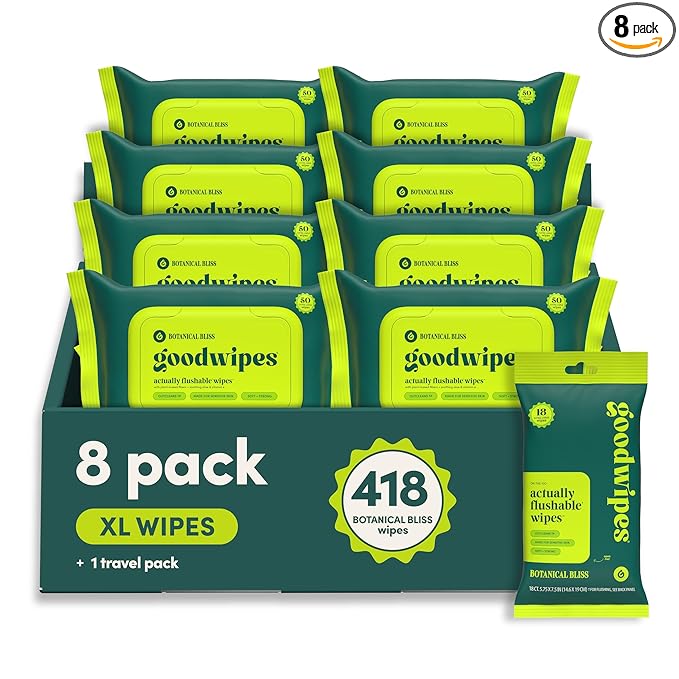 goodwipes Flushable Butt Wipes - Vitamin E & Aloe - Sewer & Septic Safe - Extra Large Adult Wet Wipes For Women & Men - Bathroom Essentials - Botanical Bliss, 418 Count (8 Packs + 1 Travel)
