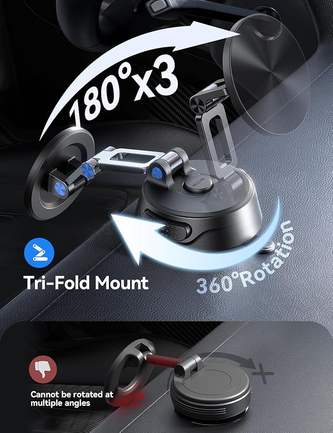 JOYROOM Car Phone Holder, [Tri-Fold] MagSafe Car Mount for Car, [Suction Pro+Gel Base] 360° Rotation Car Phone Mount Ultra-Strong Magnet for iPhone 17 16 15 14 13 12 and Other Series, ZZV1