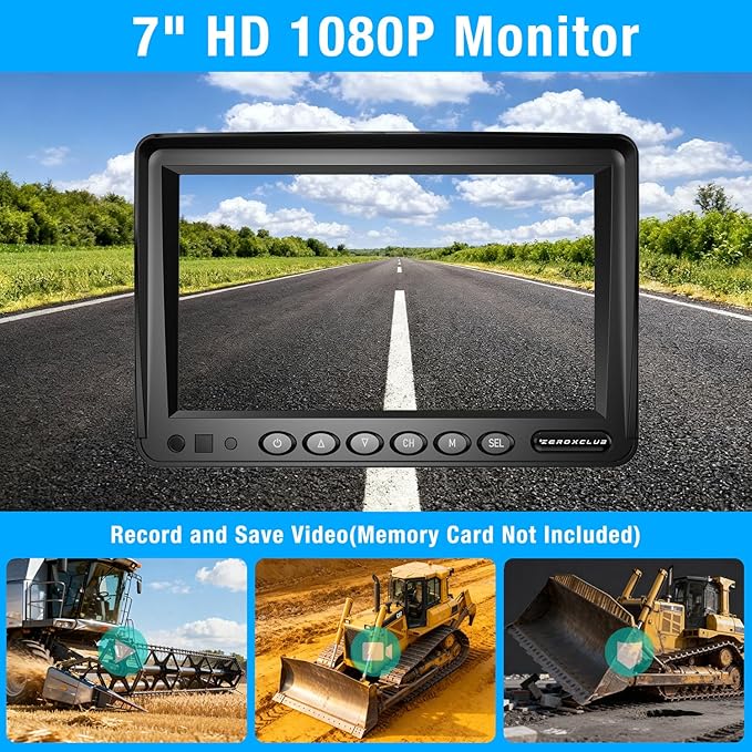ZEROXCLUB 2 Wired Rear View Backup Camera System, 7" 1080P Monitor IP69K Waterproof Vibration-Proof 10G Reverse Camera, Dual Split Screen for Tractor, Truck, Trailer, Combine, Heavy Equipment, BH702