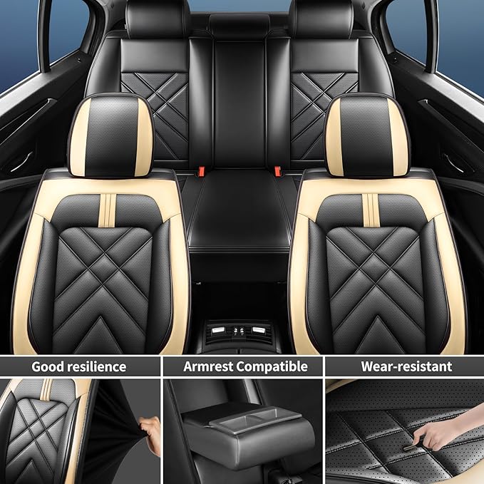 CX-70 Car Seat Covers Fit for Mazda CX-70 2025-2026, Full Coverage Premium Leather Waterproof Breathable Seat Covers, Automotive Seat Protectors, Airbag Compatible(Full Set Seats, Black Beige)