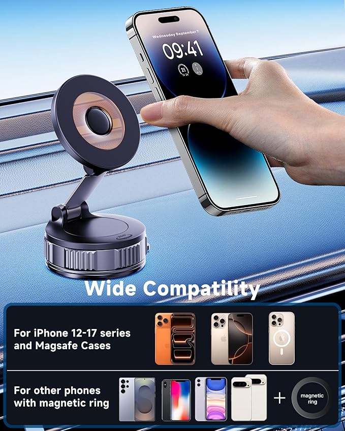 LOMONICA 2026 Upgraded Car Phone Holder for Magsafe [120+LBS Strongest Suction & 2800gf Magnetic] 360° Adjustable Car Phone Mount, Phone Holders for Your Car for iPhone 12-17 Pro Max Series & Samsung