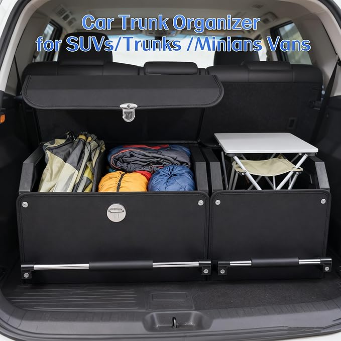 SUV Trunk Organizers and Storage, Leather Car Trunk Storage Organizer with Lid & Push-pull Handle, Combination of SUV Cargo Organizer, Waterproof Car Storage Box for Sedan Van Minivans