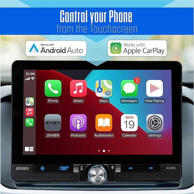 JENSEN J1CA8FL-BUC 8-inch Certified Apple CarPlay Android Auto Wired or Wireless | Single DIN and Double DIN Touchscreen Car Stereo Radio | Bluetooth | USB Charge | Backup Camera Included