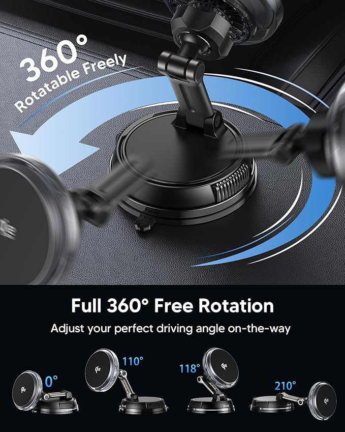Qi2.2 25W MagSafe Car Mount Charger, [Phone Cooling Fan＆RGB Lights] Wireless Car Charger with 78+LBS Vacuum Suction, 360°Rotatable Magnetic Car Phone Holder with 63w Adaper for iPhone 17-12 Series