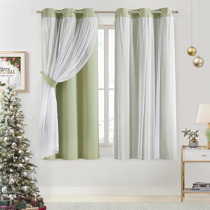 Bujasso Sage Green 90% Blackout Curtains with Sheer Overlay Mix and Match Double Layer Thermal Insulated Window Panels 63 inch Living Room Bedroom Green Drapes with Tiebacks Grommet Top 37" Wx63 Lx2