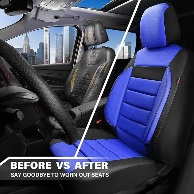 CAR PASS Leather Car Seat Covers Front Seats Only, Universal Fit Automotive Interior Waterproof 3D Foam Back Support Car Seat Covers for Trucks Vans and SUVs Airbag Compatible 2 Pieces Black Blue