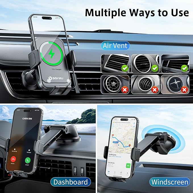 SONRU Car Phone Holder Wireless Charger, Qi 15W Wireless Car Charger Fast Charging Auto Clamping Car Charger Mount Suction Holder Dashboard Air Vent for iPhone 16/15/14/13/12/11, Samsung S25/24
