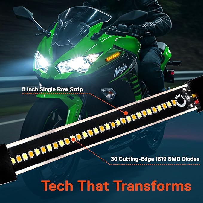 TRUE MODS 2pc 5" LED Motorcycle Front Fork Switchback Cold White DRL Running & Amber Turn Signal Light Strip Kit [Waterproof] [Blinker] Flexible Self Adhesive Universal Surface Mount for UTV ATV Bike