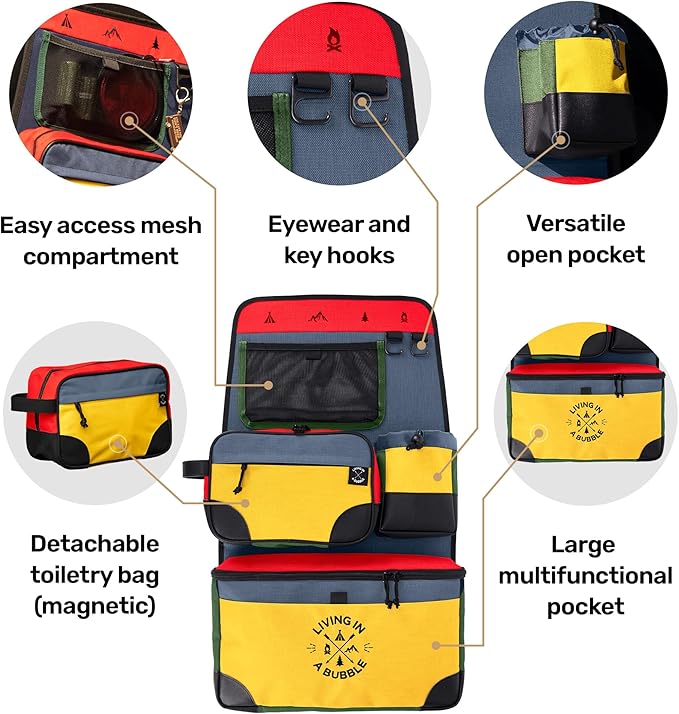 Living in a Bubble Seat back Organizer – Magnetic Toiletry and Cooler Pouch, Cordura Car Backseat Storage with Device Holder & Hooks, Multi-Compartment Utility Bag for Campervans & Family Travel
