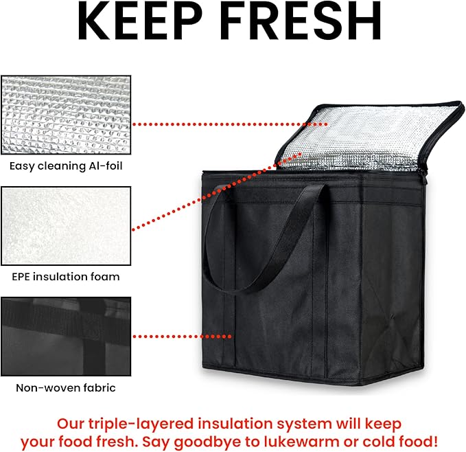 NZ home Insulated Bags for Food Delivery (Medium) Grocery Shopping Cooler Bag, Pizza Delivery, Hot & Cold Catering Tote, Reusable, Foldable & Heavy Duty (2 Pack, Black)