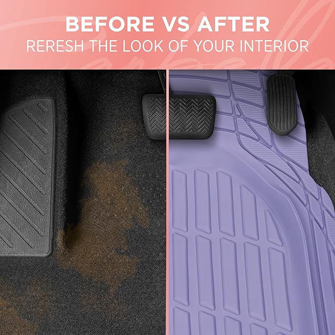 Lavender Purple Car Floor Mats - Universal Trim to Fit All Weather Purple Car Accessories - Girl Car Accessories for Women & Cute Car Mats for Women Lavender Girly Car Decor Truck & SUV