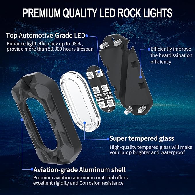 Car RGB LED Rock Lights Kit, 4 Pods High Bright Multilcolor Underglow Neon Lights with APP & Music Mode, IP68 Waterproof Rock Light for Trucks, Cars Decorative Accessories