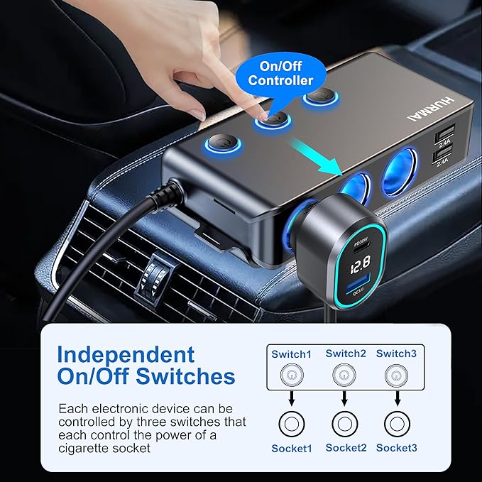9 in 1 Cigarette Lighter Splitter,264W 3 Socket Car Cigarette Lighter Adapter,Type-C QC3.0 PD 30W Charging,Heavy Duty Truck Car USB Chager Multi Plug Outlet 12V/24V Independent Switches,LED Voltmeter