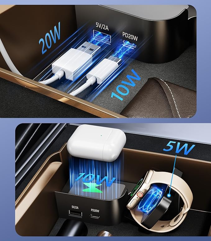 Tesla USB Hub Charger & Center Console Organize for Model 3 Highland 2024-2025 & New Model Y Juniper, 4-Port Docking Station for Phone/Headphones/Watch/Tablet Charging Storage Accessories
