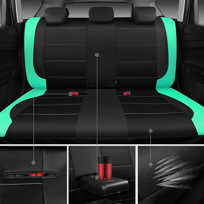 CAR PASS Leather Seat Covers, Breathable Universal Car Seat Cover Full Set for Cute Women Girly,Super 5mm Composite Sponge Inside,Airbag Compatible Fits Most Auto,SUVs,Trucks,Vans(Full Set,Black&Mint)