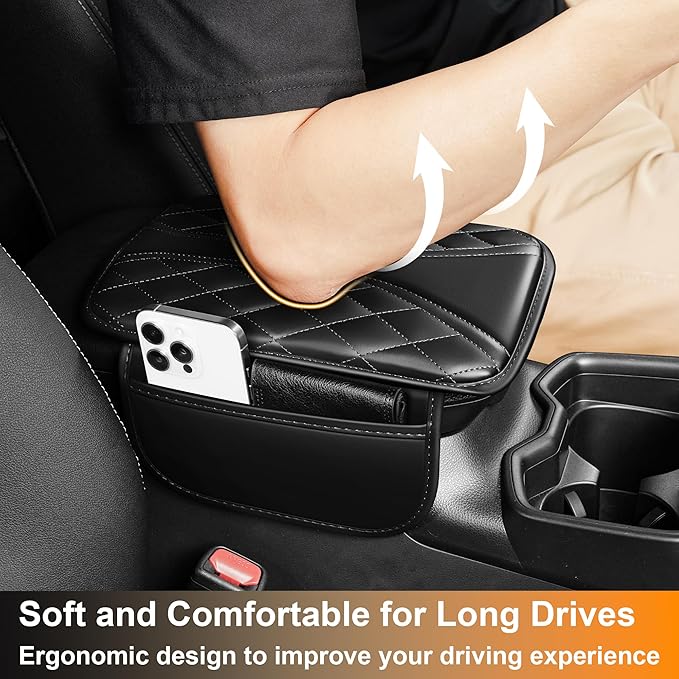 Car Center Console Cover Fit for Jeep Grand Cherokee - Leather Armrest Covers with 2 Storage Pockets(Black)