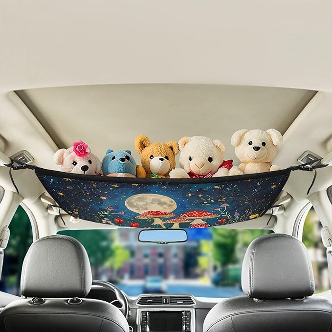 NDISTIN Aesthetic Mushroom Car Ceiling Cargo Net for SUV Adjustable Buckle Roof Net for Inside Car Moon Car Ceiling Storage Net Car Roof Storage Organizer Placing Children's Toys