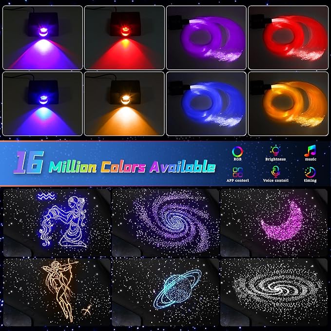 Fiber Optic Car Starlight Headliner Kit, Sound Activated RGBW 16W 450pcs*0.03in*9.8ft Fiber Strands Starlight Kit with APP& Remote Controlled, Star Lights for Ceiling Car Roof/Home Decor