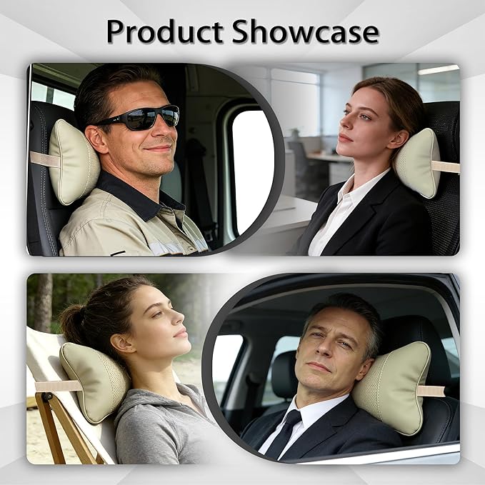 2 Pack Car Neck Pillow Soft Breathable Headrest Pillows for Driving Support, Universal Fit for Most Car Seats Decor Accessories（Beige White）