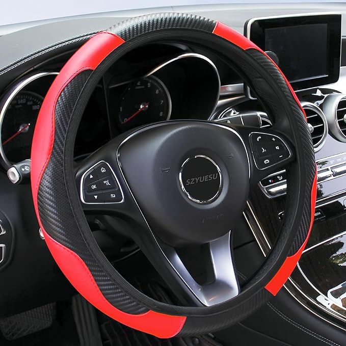 Car Steering Wheel Cover, 15 inch Microfiber Leather Carbon Fiber Soft Anti-Slip Breathable, Universal Size Elastic Car Accessory for Most Cars (Red)