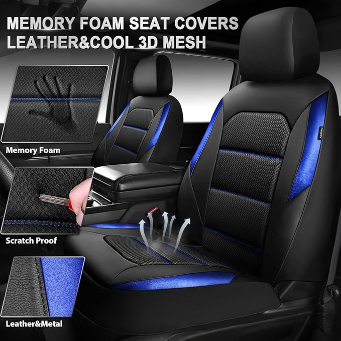 CAR PASS Memory Foam Leather Seat Covers,Air Cool Mesh Thick Car Seat Covers Front Seats Blue Leather Seat Covers for Cars Universal for SUVs Trucks,Airbag Compatible Comfort Durable,Black Blue Metal