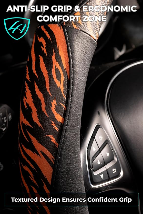 Lord Autofashion Steering Wheel Cover – PU Leather, Non-Slip Rubber Inner, All-Season Comfort – 14.5–15 Inch (Black/Tiger 8684)