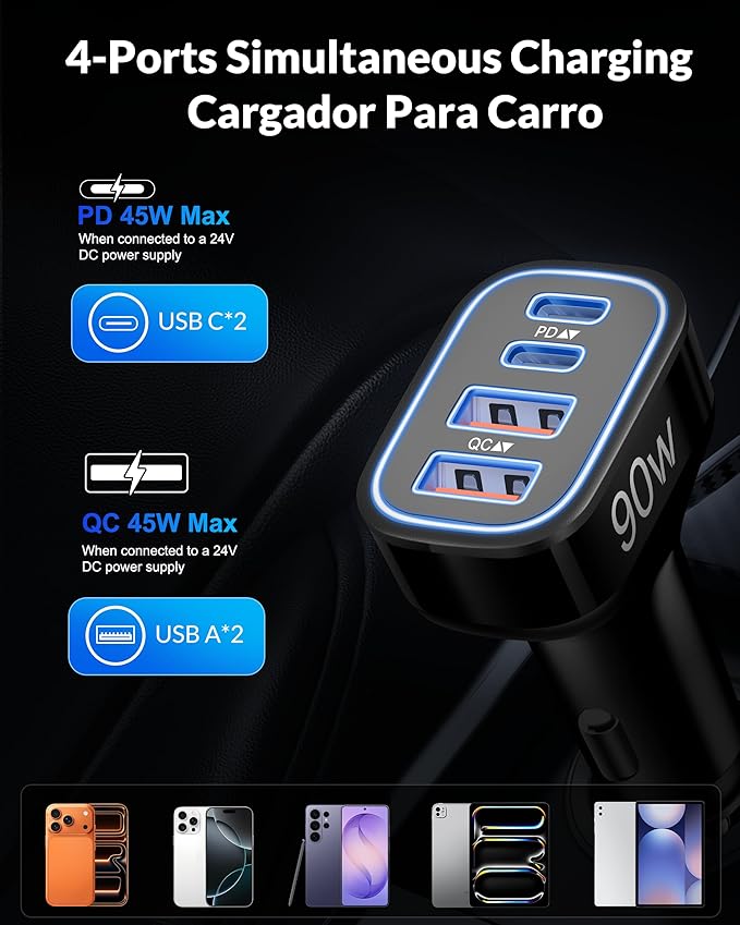 [4 in 1] USB C Car Charger, 4-Port 90W Super Fast Charging Cigarette Lighter USB Charger Multiport Car Phone Adapter Accessories for iPhone 17 16 15 14 13 12 Pro Max, iPad, Galaxy S26 S25 S24, Android