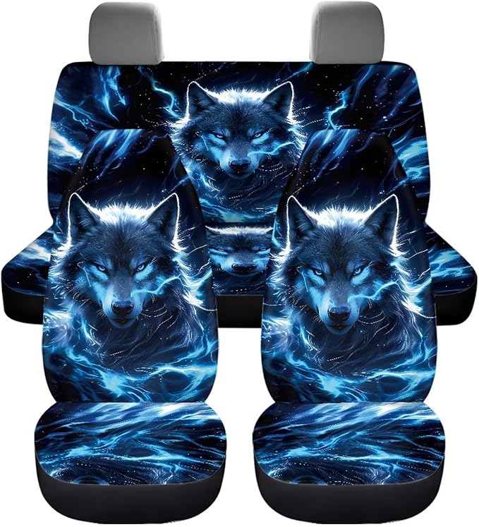KEIAHUAN Blue Wolf Print Car Seat Covers for Men Automotive Front and Rear Split Bench Seat Cover Set Washable Breathable Universal Fits Most Vehicle Truck,SUV