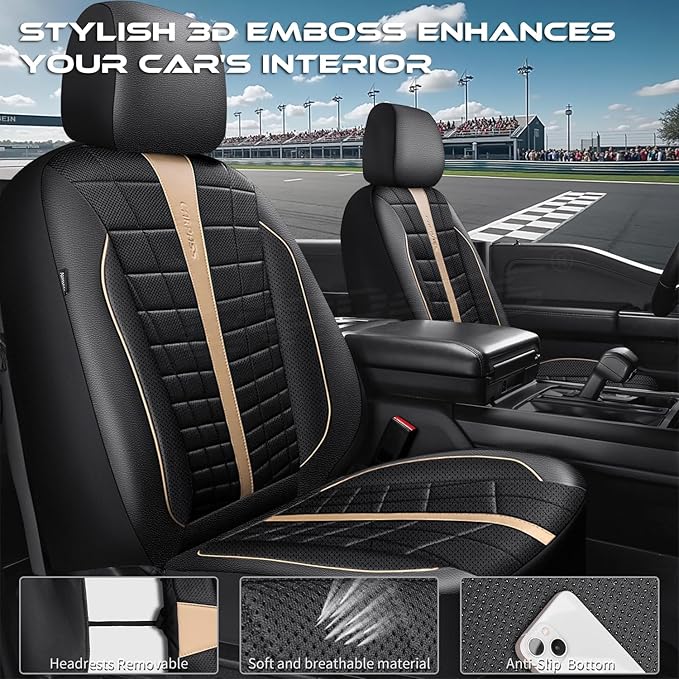 CAR PASS 3D Foam Mesh Leather Car Seat Covers Full Set, Breathable Premium Leather Seat Covers for Car,Anti Slip Universal Fit for Trucks Cars Sedans Vans SUVs, Airbag Compatible, Black Beige