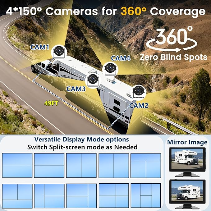 1080P Wired Backup Camera System for Truck/RV, 9" HD Touch DVR Quad Split Monitor 4 Side Rear View Cameras, 64GB Card Reverse Camera for Trailer/Tractor/Bus, Waterproof IR Night Vision Parking Line