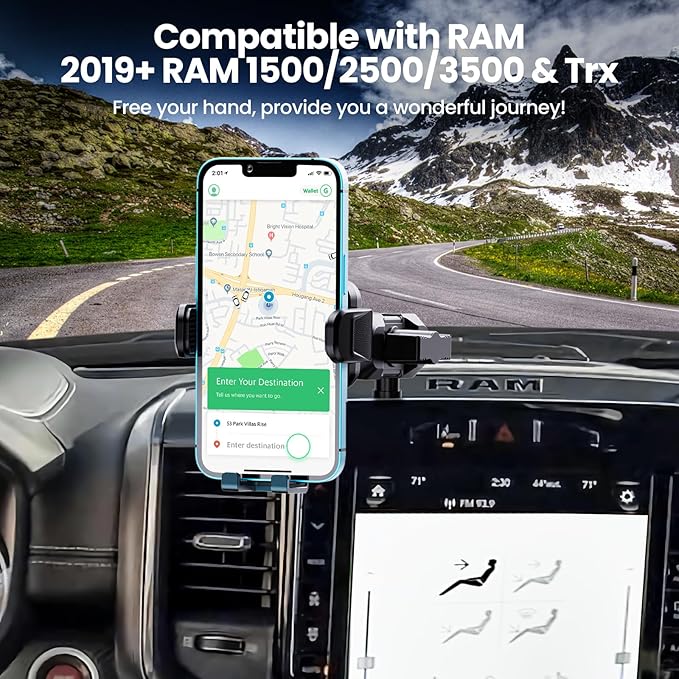 Kaishengyuan Upgraded Metal Phone Mount for Ram Truck 2019+, Dash Mount Cell Phone Holder Compatible with Dodge RAM 1500/2500/3500 & TRX, 360° Adjustable Adapter Phone Stand Fit for Most Smartphones