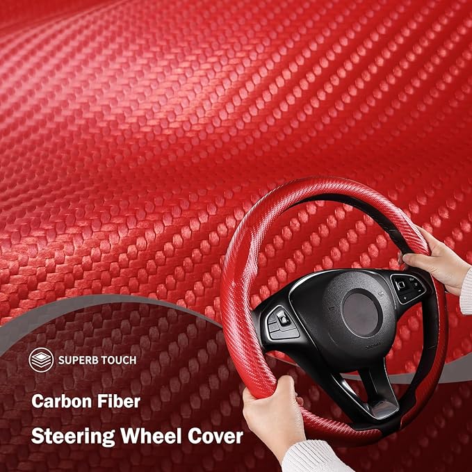 Car Steering Wheel Cover Carbon Fiber Snap On Steering Wheel Accessories Wrap 14.5-15 inch Universal Grip Anti-Skid Protector, Matte Red
