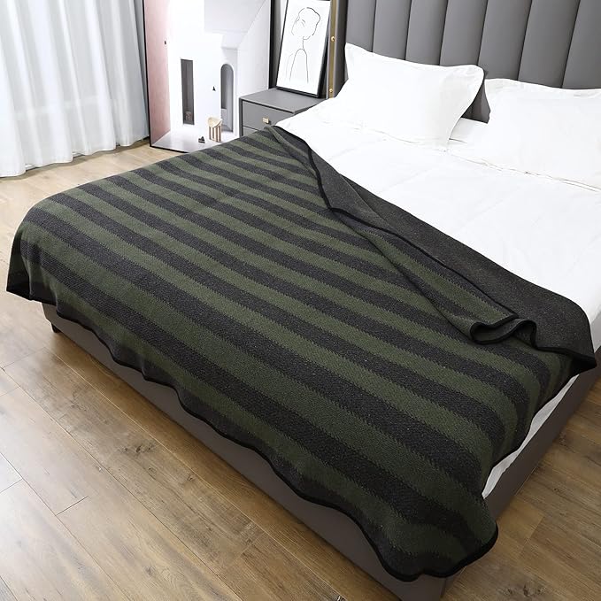 PuTian Merino Wool Blanket - 63" x 51" Thick Warm Soft Twin Bed Throw - Great for Camping, Outdoors, Travel, Car, Couch, All Seasons Green Stripe