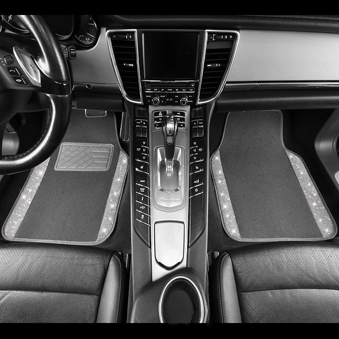 CAR PASS Bling Diamond Car Mats Shining Carpet Crystal Rhinestones Sparkly Glitter Floor Mats with Anti-Slip PVC Heel Pad Universal Fit for Automotive SUV, Sedan, Car, Van, 4pcs for Girl Women, Gray