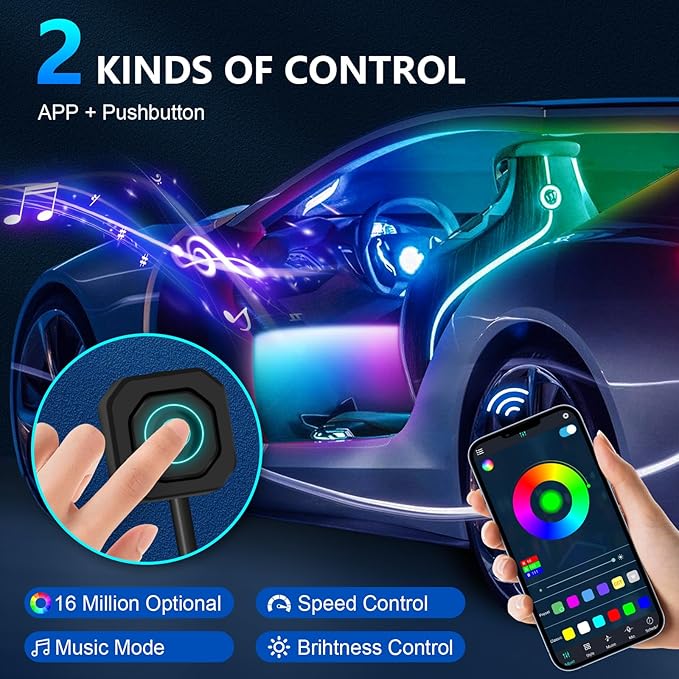 Dreamcolor Acrylic Ambient Lighting Car Lights – Wireless APP Control, Music Sync, Dynamic RGB Interior Car LED Strip Light Kit, 22-in-1 Customizable LED Neon Light Kits for Car Interior