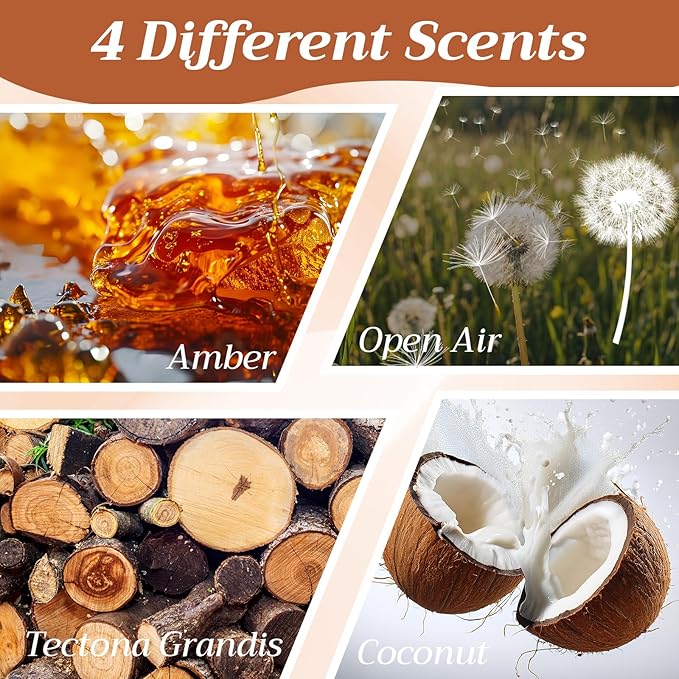 4 Pcs 4 Scents Car Wood Air Freshener Set Wood Fragrance Automotive Odor Eliminator for Visor Clip Vehicle Scent Diffuser with Coconut Open Air Amber Tectona Grandis Refill, Clip Included